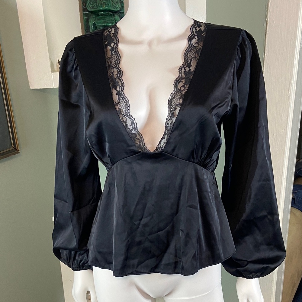 Abercrombie & Fitch Black Satin Lace Blouse top shirt deep v